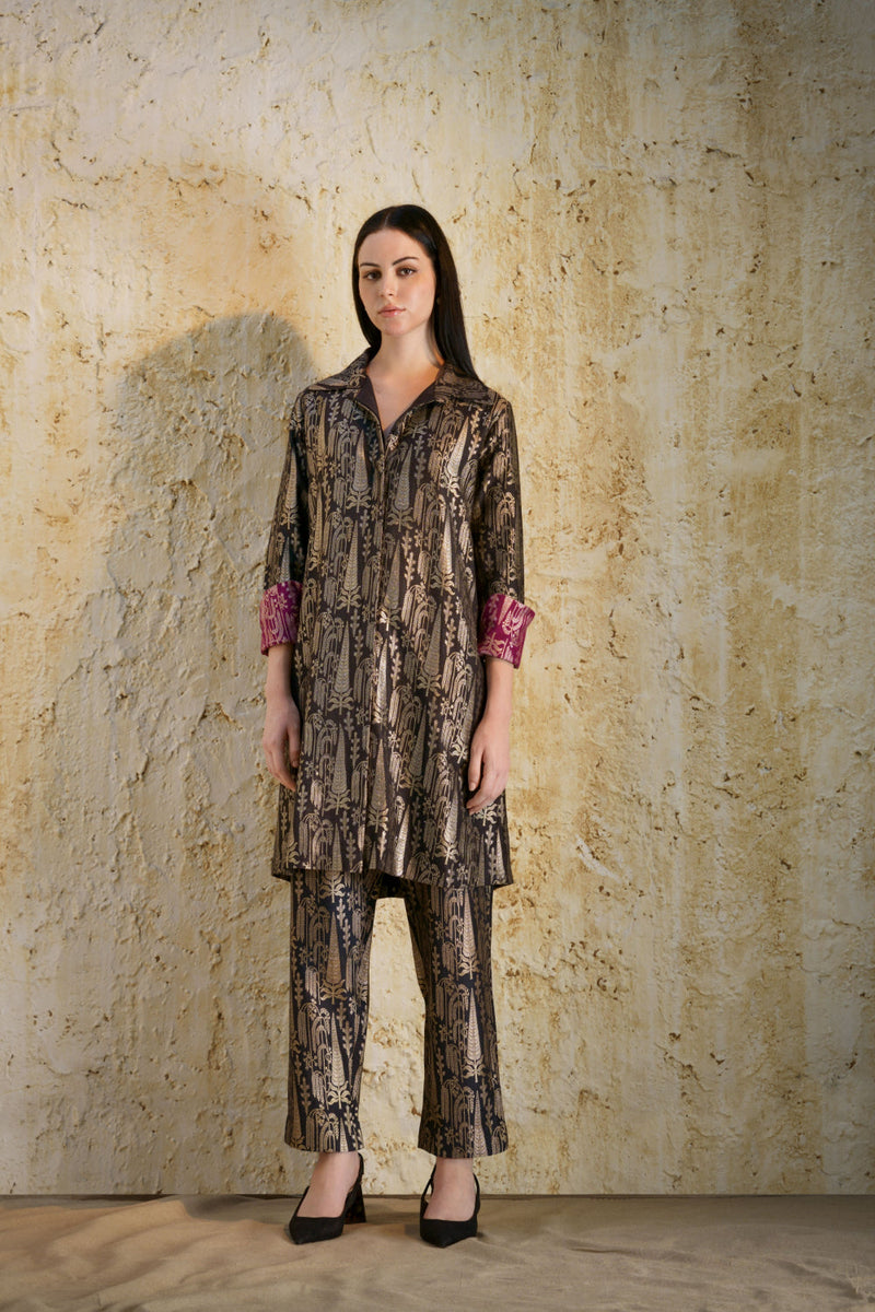 Vriksha collared tunic and slim pants in munga silk-black silk by Mallika Mathur in black color for women Worldwide