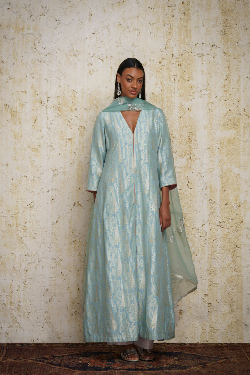 Sahar Anarkali-Aquamarine blue silk by Mallika Mathur in blue color for women Worldwide