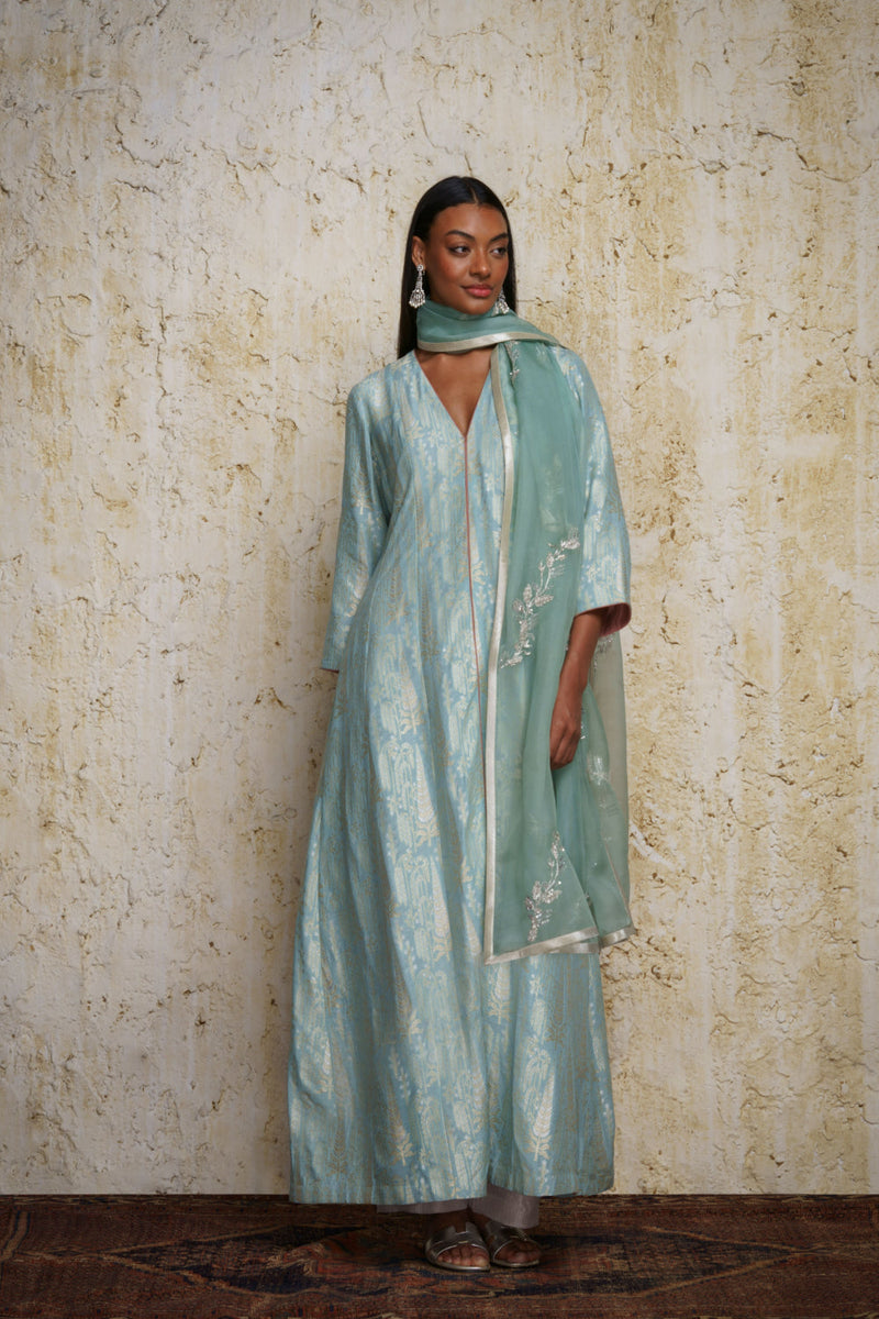 Sahar Anarkali-Aquamarine blue silk by Mallika Mathur in blue color for women Worldwide