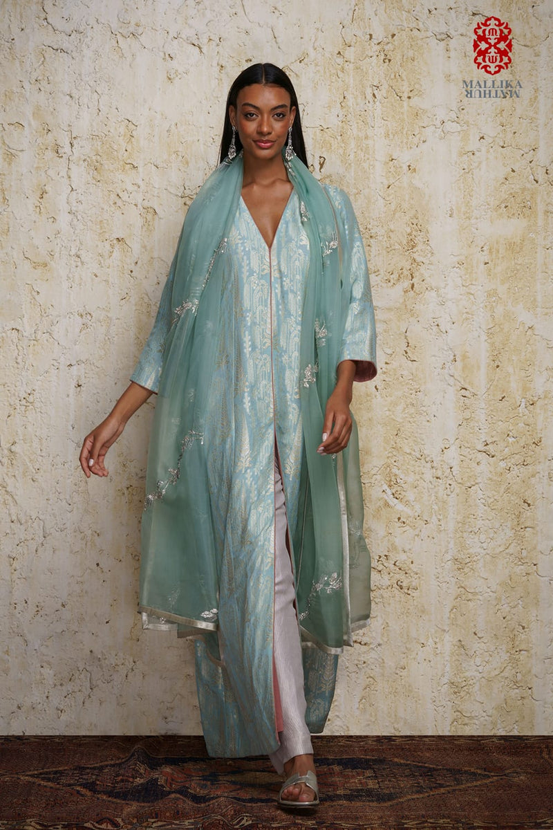 Sahar Anarkali-Aquamarine blue silk by Mallika Mathur in blue color for women Worldwide