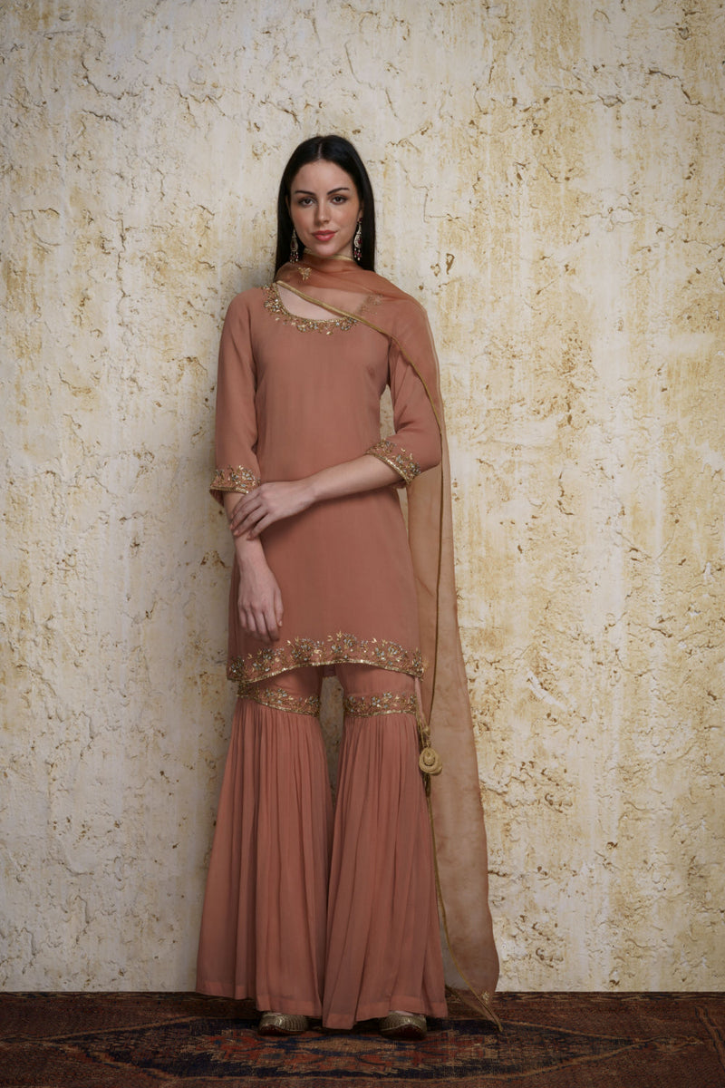Gulnaz old rose georgette kurta paired with a gharara hand embroidered georgette by Mallika Mathur for women Worldwide
