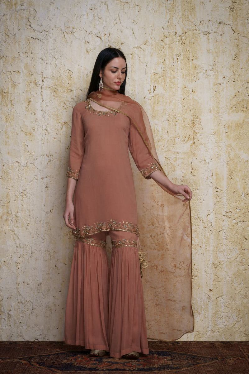Gulnaz old rose georgette kurta paired with a gharara hand embroidered georgette by Mallika Mathur for women Worldwide