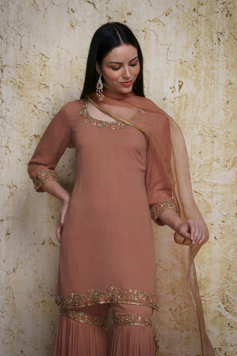 Gulnaz old rose georgette kurta paired with a gharara hand embroidered georgette by Mallika Mathur for women Worldwide