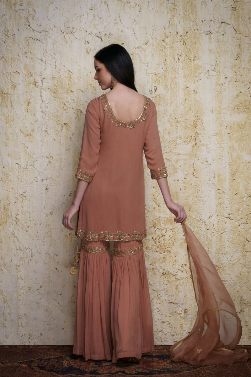 Gulnaz old rose georgette kurta paired with a gharara hand embroidered georgette by Mallika Mathur for women Worldwide