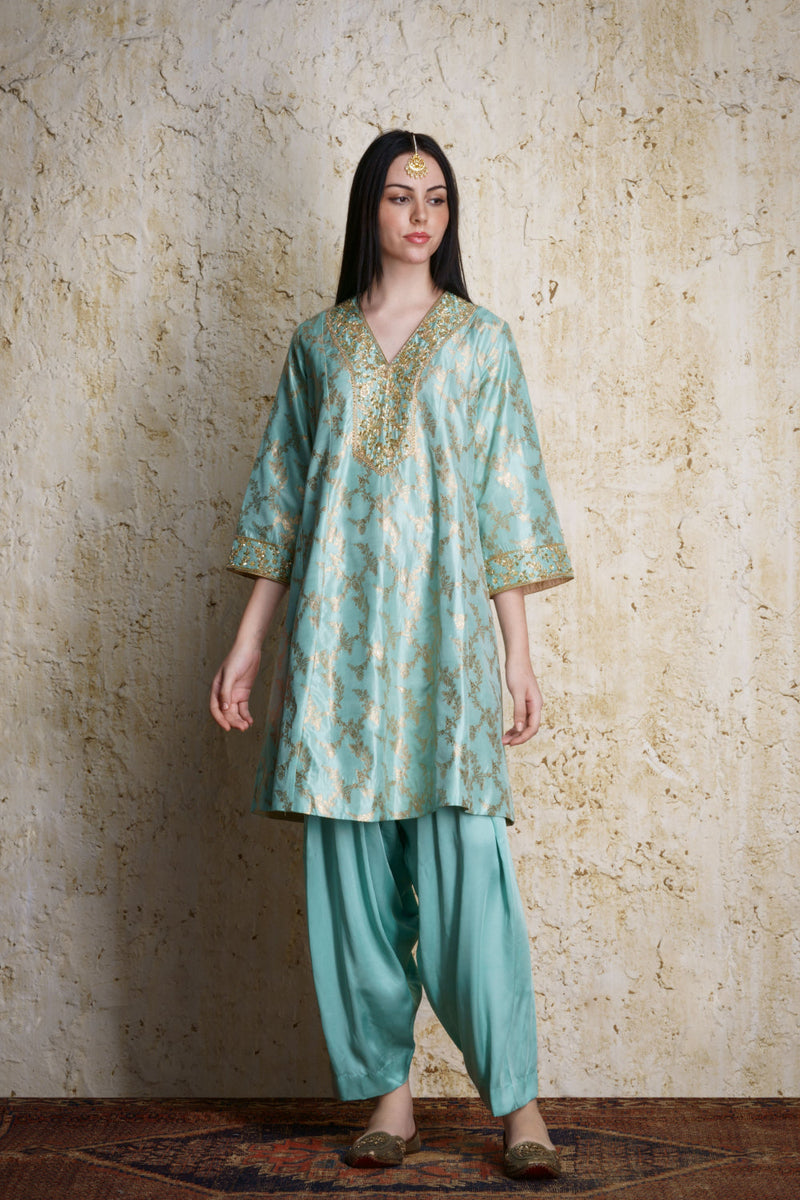 Asmaani aquamarine silk kalidar kurta silk by Mallika Mathur in blue color for women Worldwide
