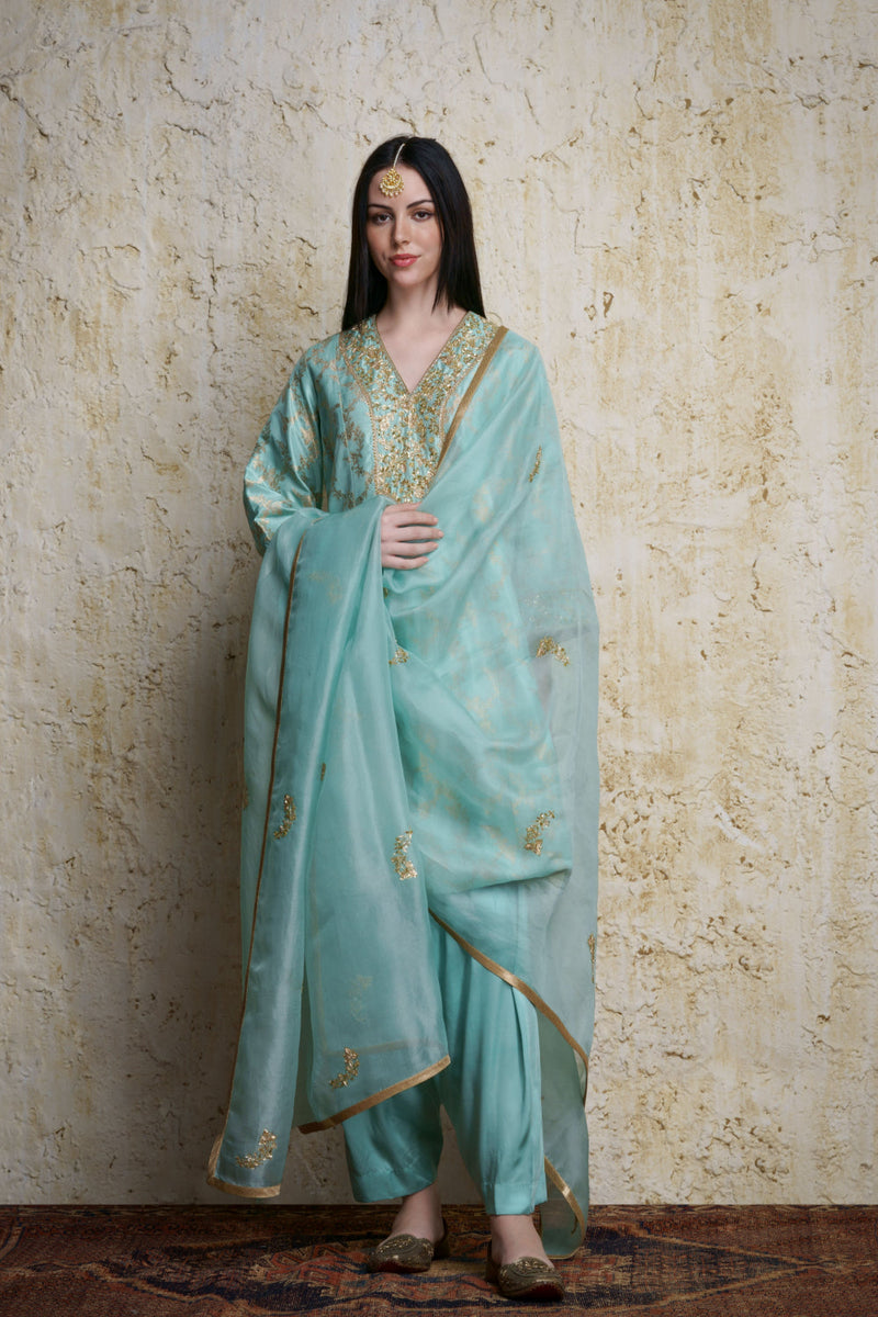 Asmaani aquamarine silk kalidar kurta silk by Mallika Mathur in blue color for women Worldwide