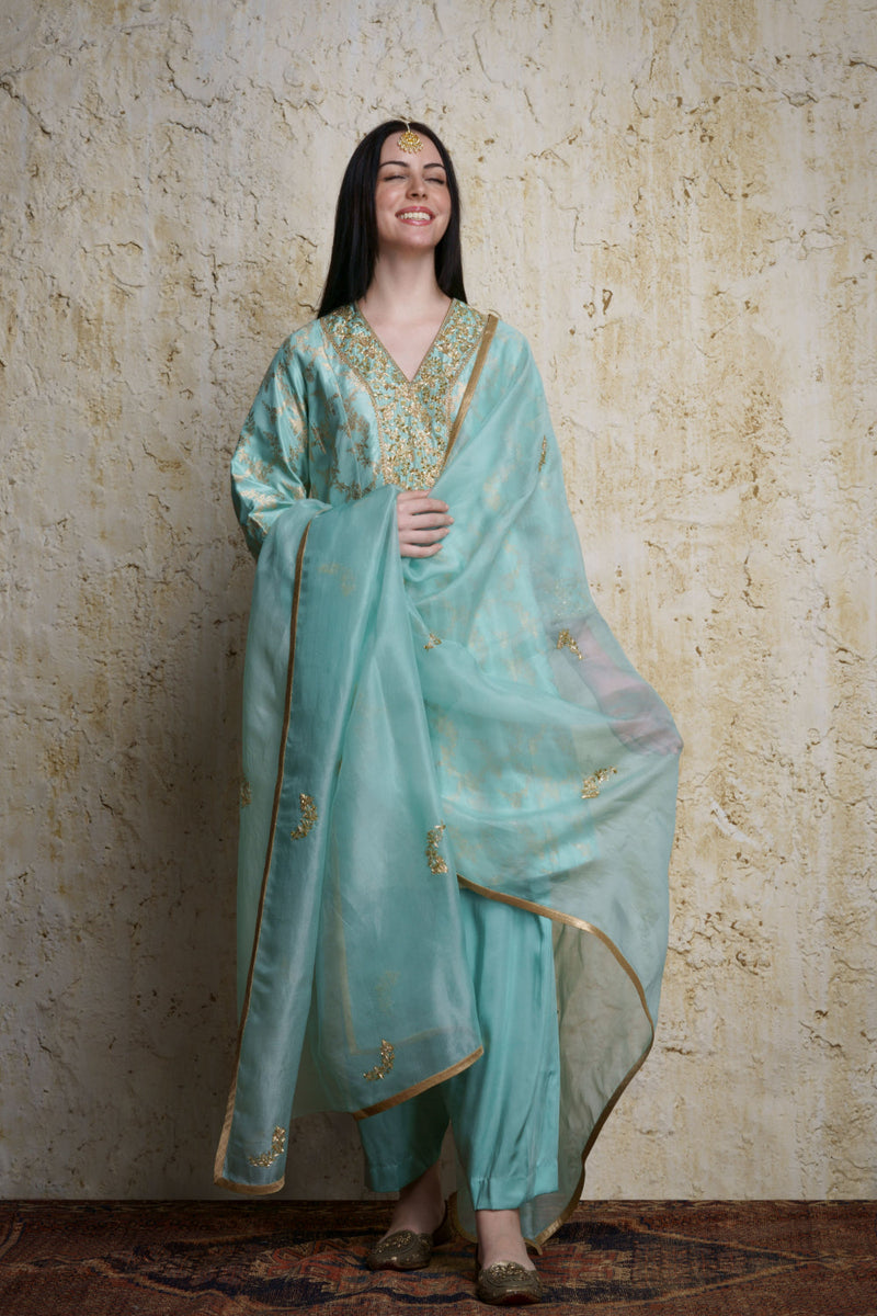 Asmaani aquamarine silk kalidar kurta silk by Mallika Mathur in blue color for women Worldwide