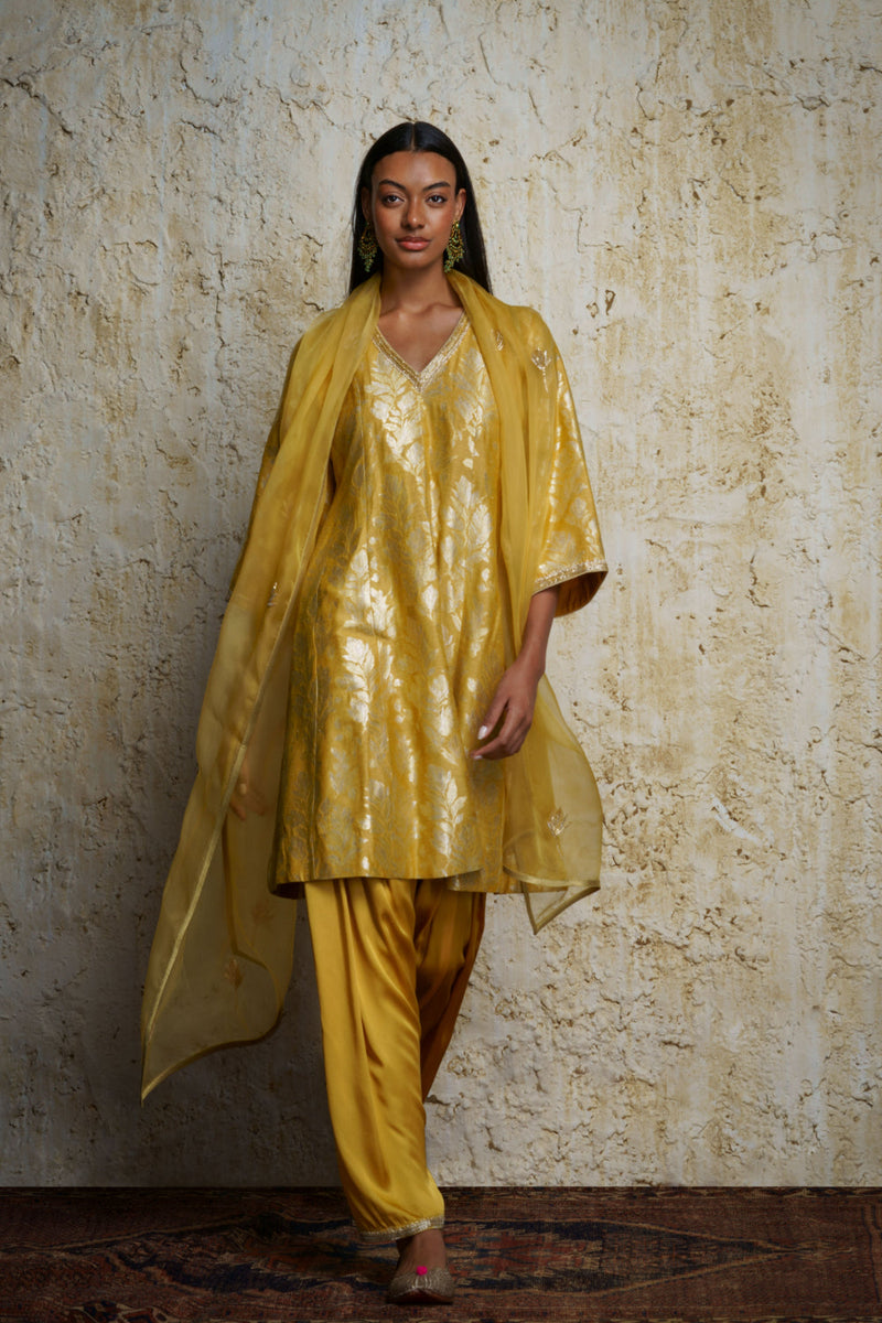 Amrasi munga silk kalidar tunic silk by Mallika Mathur in yellow color for women Worldwide