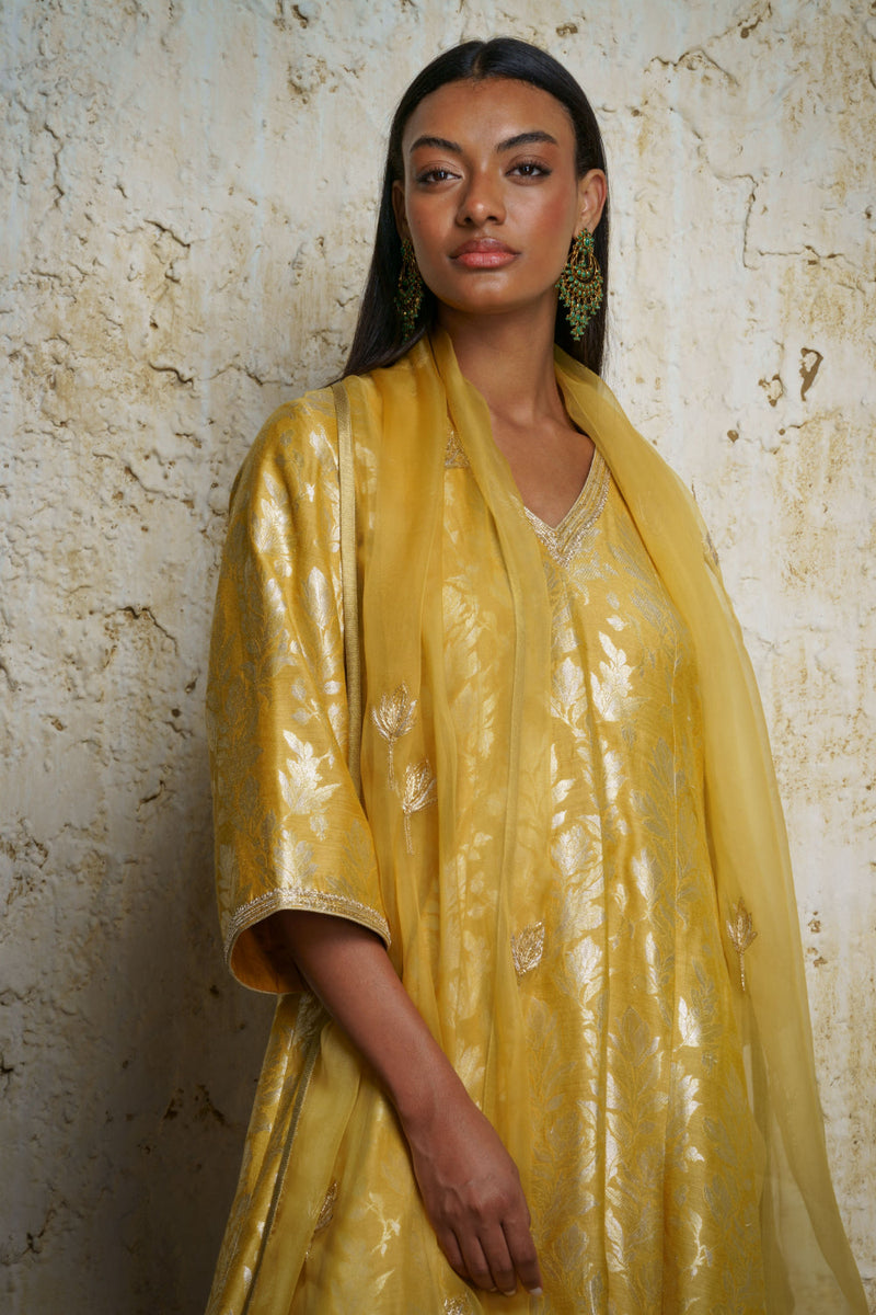 Amrasi munga silk kalidar tunic silk by Mallika Mathur in yellow color for women Worldwide