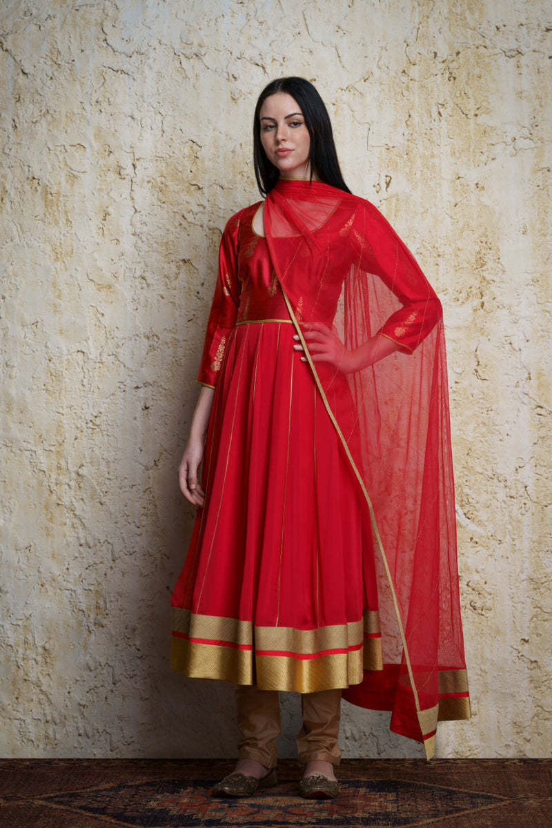 Mehar Anarkali-Red georgette by Mallika Mathur in red color for women Worldwide