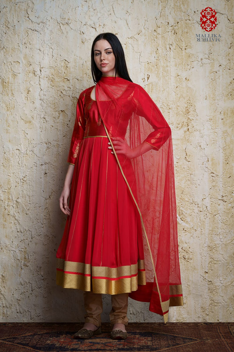 Mehar Anarkali-Red georgette by Mallika Mathur in red color for women Worldwide