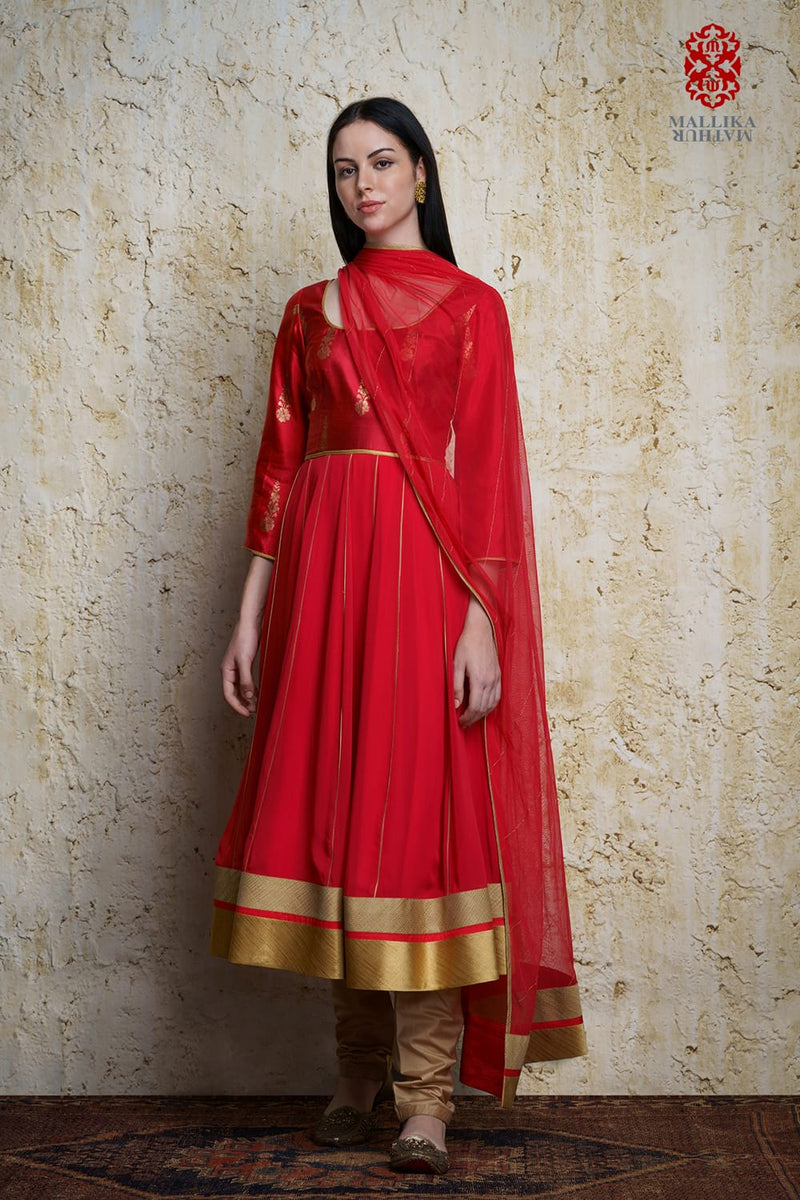 Mehar Anarkali-Red georgette by Mallika Mathur in red color for women Worldwide