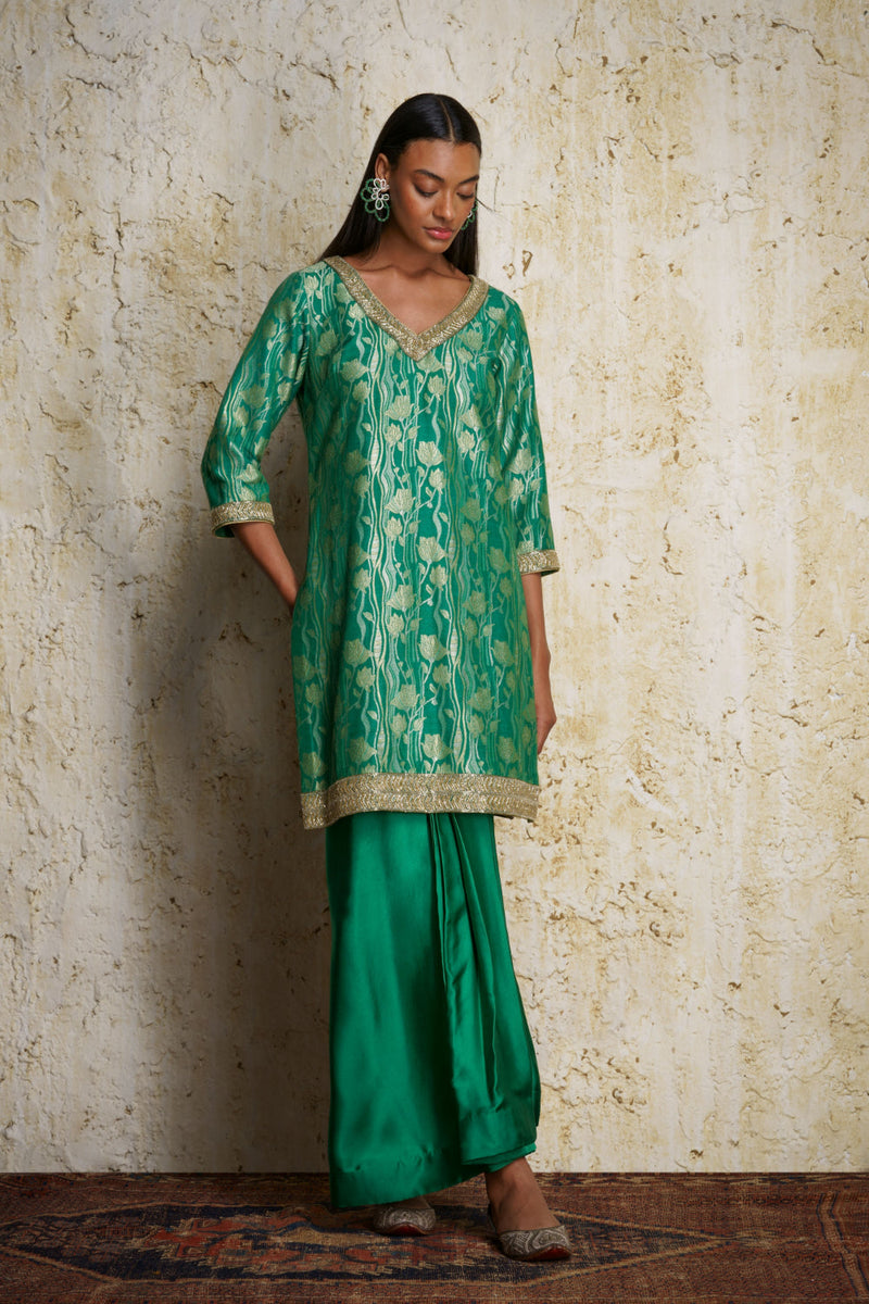 Asmira munga silk tunic silk by Mallika Mathur in green color for women Worldwide
