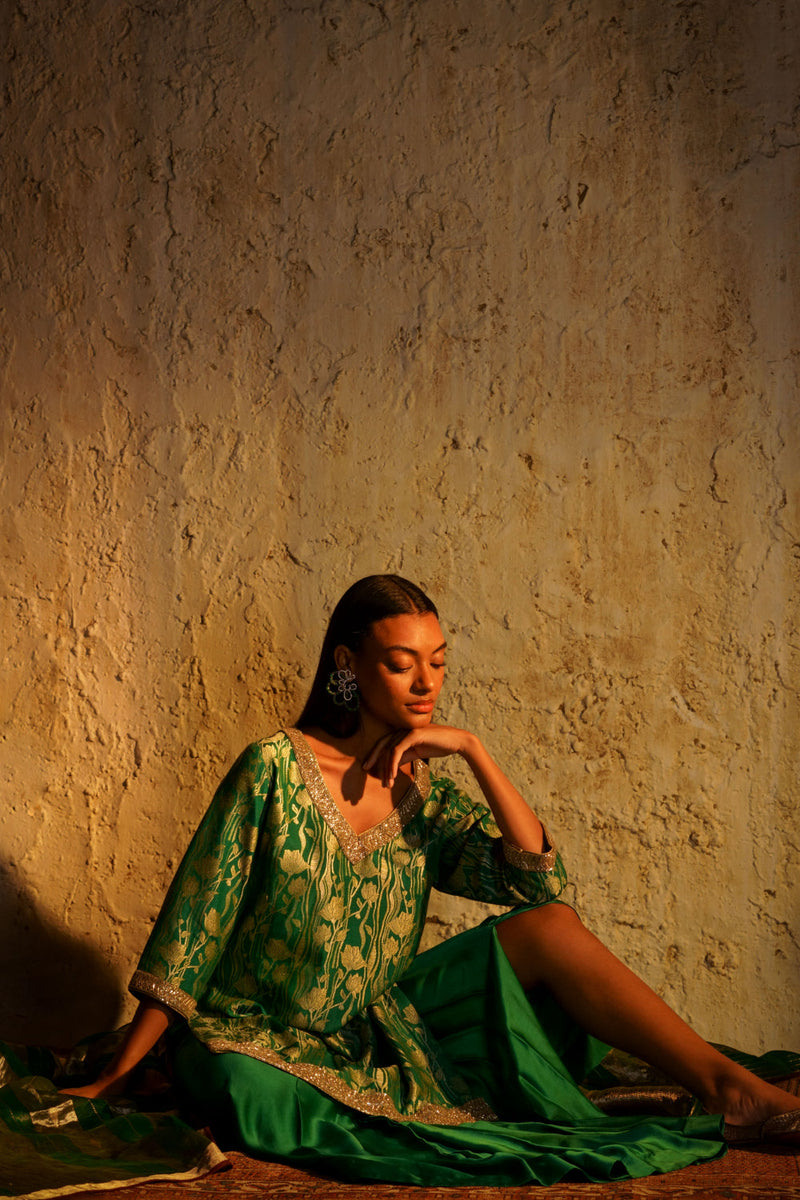 Asmira munga silk tunic silk by Mallika Mathur in green color for women Worldwide