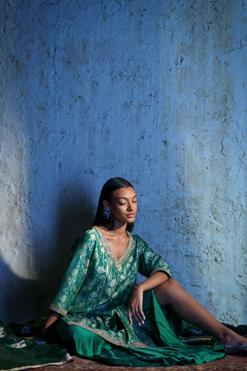 Asmira munga silk tunic silk by Mallika Mathur in green color for women Worldwide