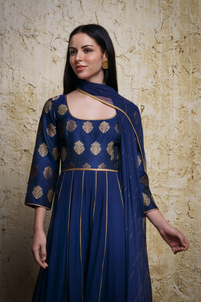 Mehar Anarkali-Mid night blue georgette by Mallika Mathur in blue color for women Worldwide