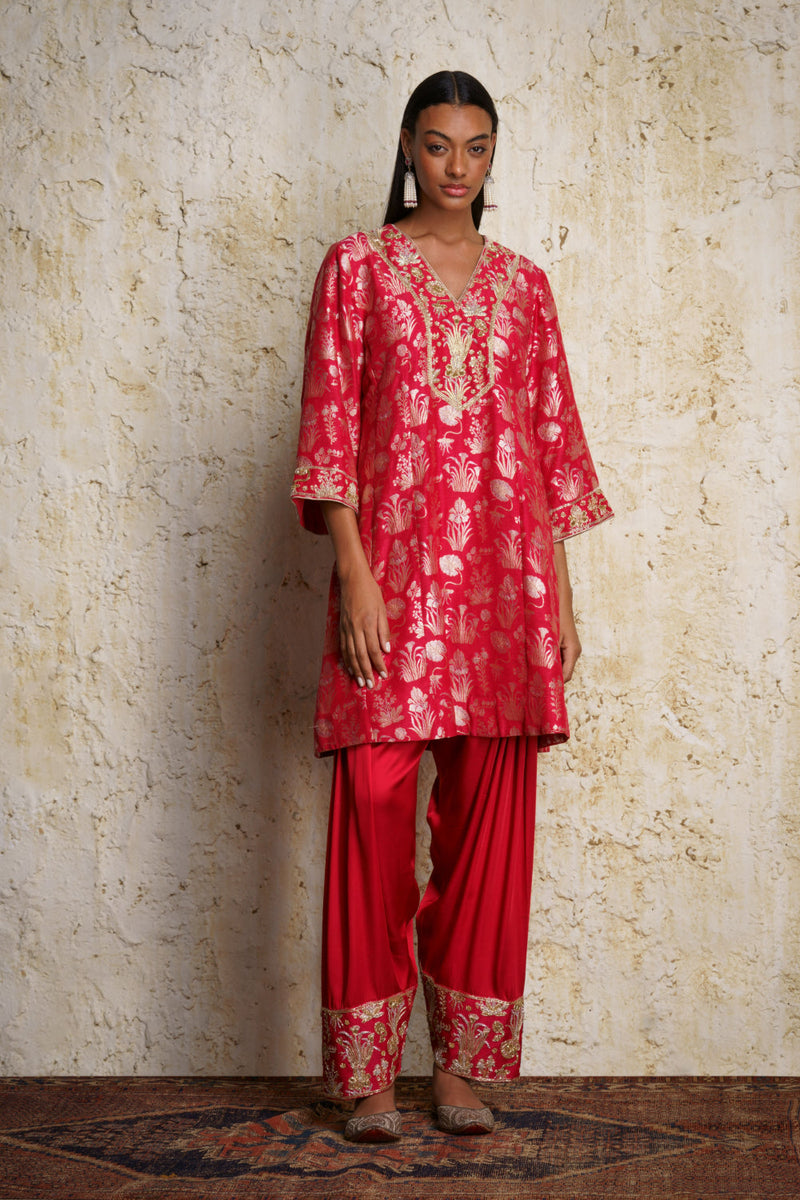 Shira Anarkali-Red silk by Mallika Mathur in red color for women Worldwide