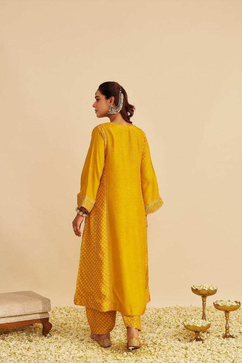 Esra - Long Chauga With Salwar-Mustard silk by SHEETAL BATRA in mustard color for women Worldwide