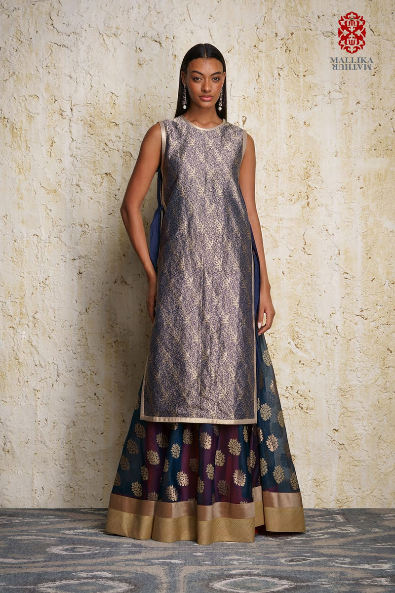 Mizuki silk brocade oriental tunic by Mallika Mathur in blue color for women Worldwide
