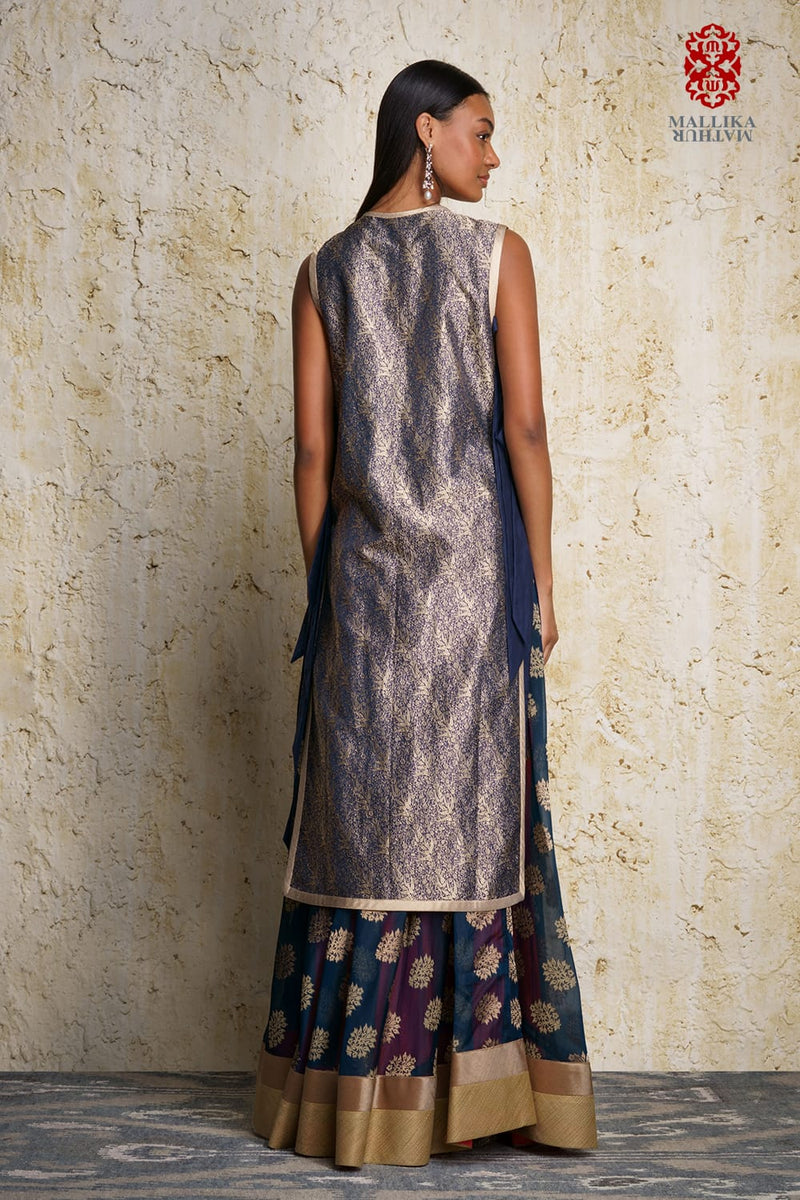 Mizuki silk brocade oriental tunic by Mallika Mathur in blue color for women Worldwide