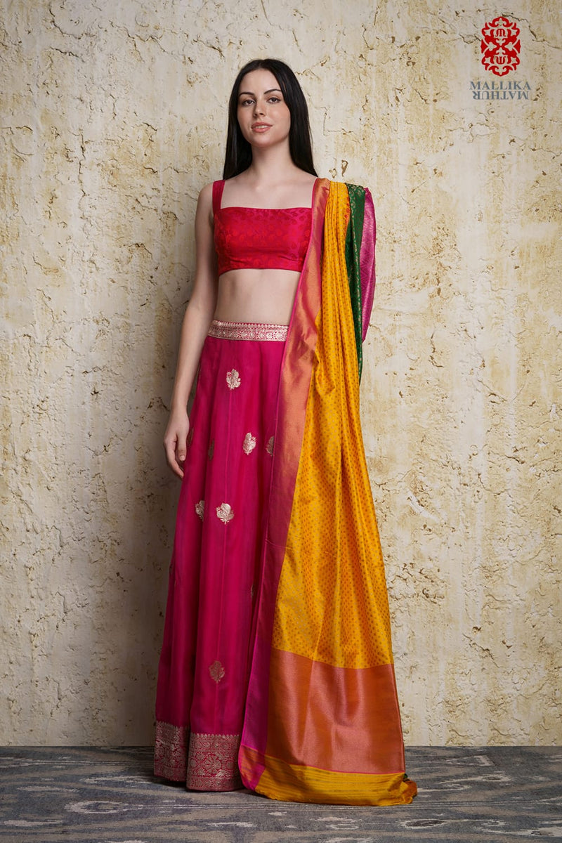 Kora silk skirt appliquéd in antique silver zari motifs mul by Mallika Mathur in multi color for women Worldwide