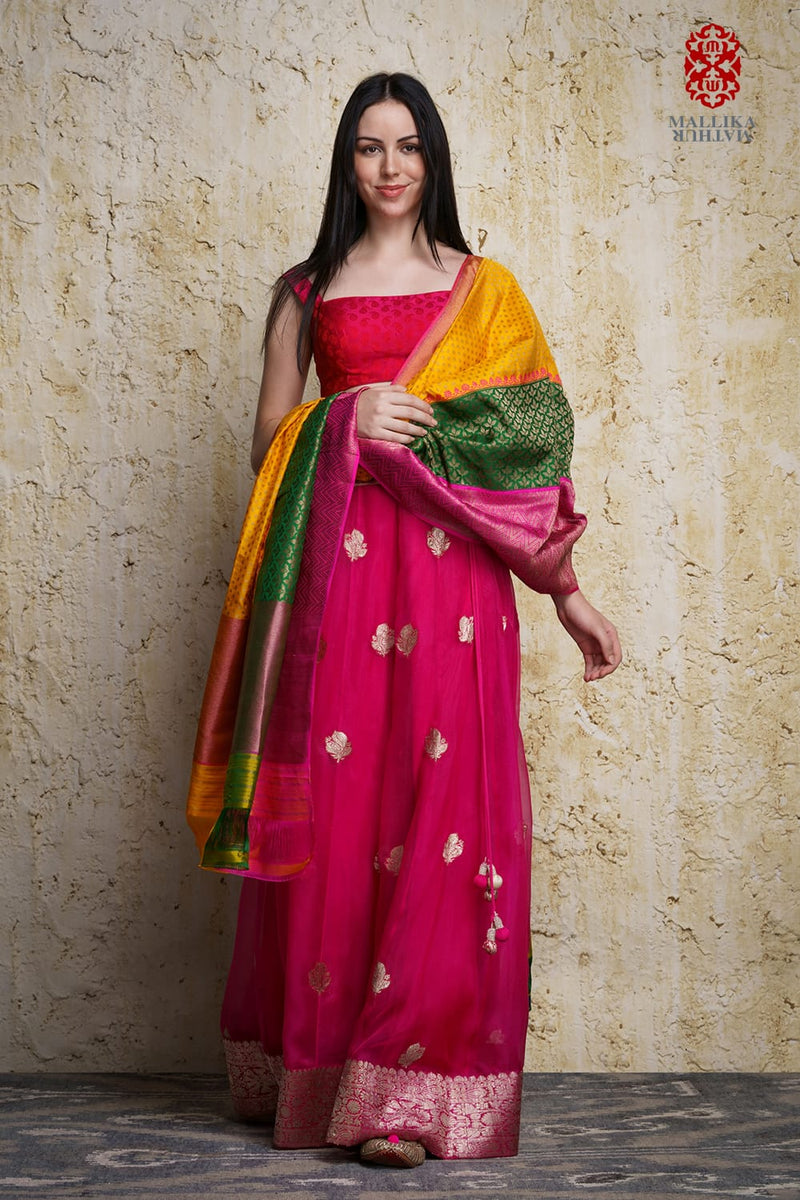Kora silk skirt appliquéd in antique silver zari motifs mul by Mallika Mathur in multi color for women Worldwide