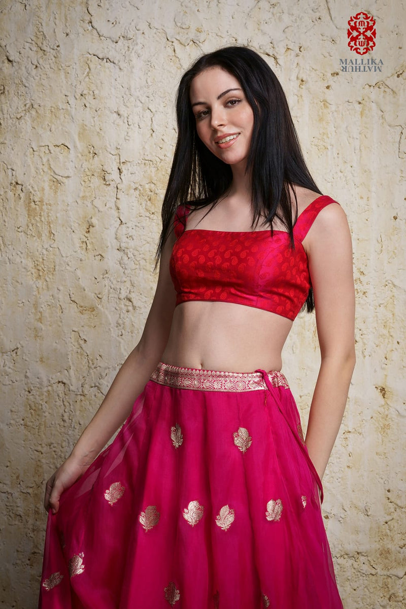 Kora silk skirt appliquéd in antique silver zari motifs mul by Mallika Mathur in multi color for women Worldwide
