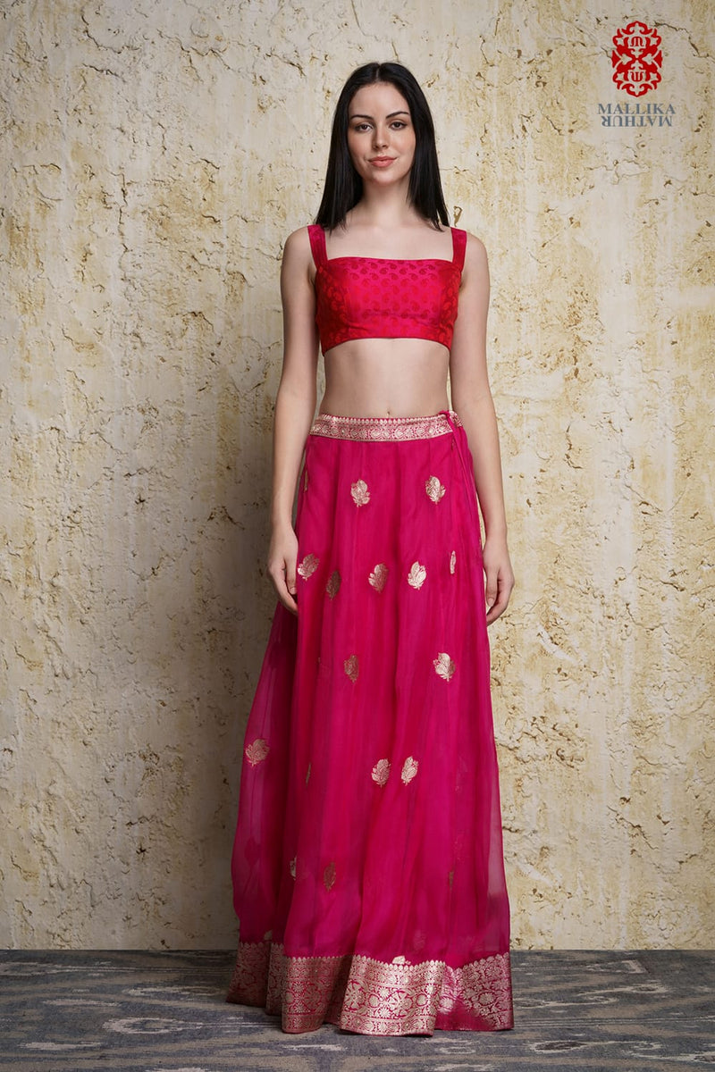 Kora silk skirt appliquéd in antique silver zari motifs mul by Mallika Mathur in multi color for women Worldwide