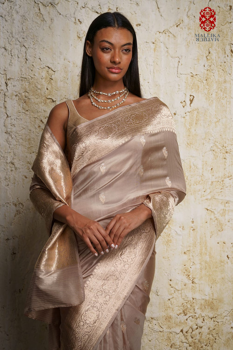 Alfi buti Saree-Gold silk by Mallika Mathur in gold color for women Worldwide