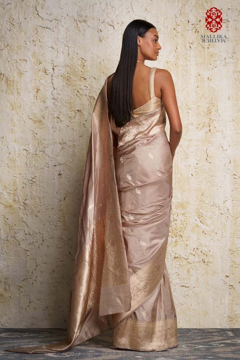 Alfi buti Saree-Gold silk by Mallika Mathur in gold color for women Worldwide