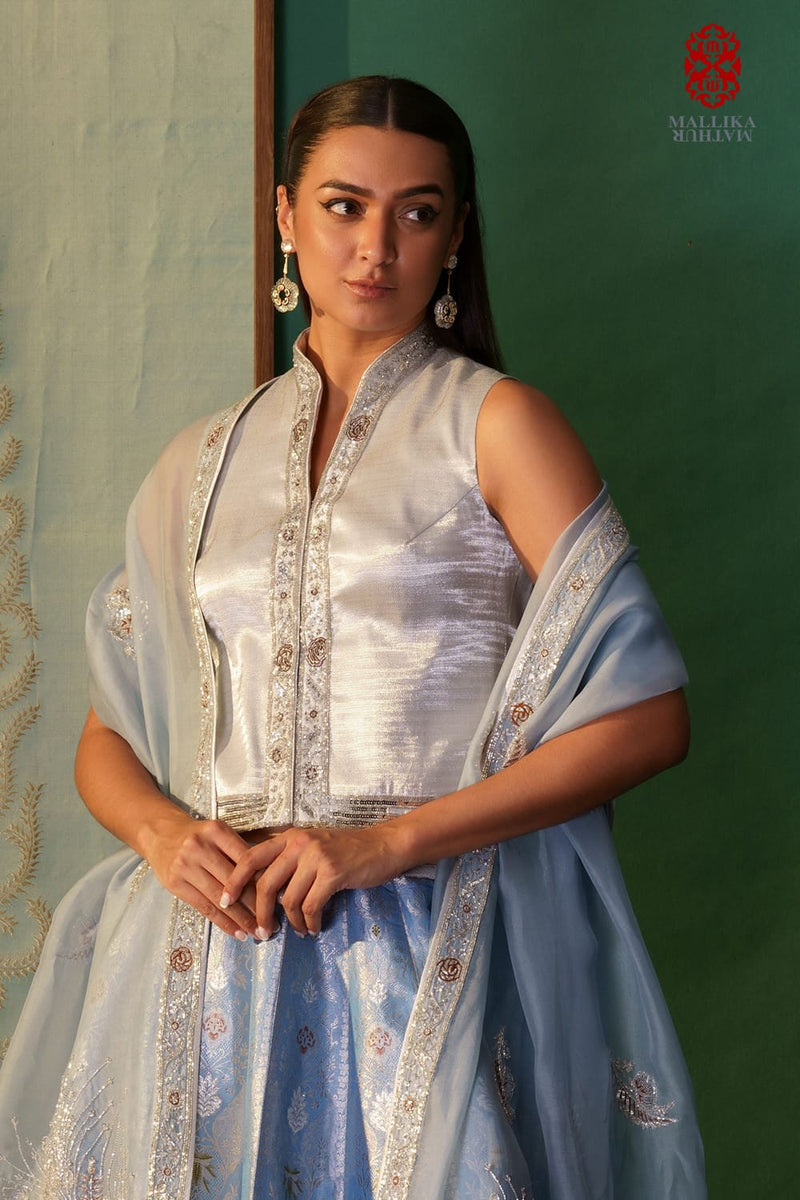 Fatuhi silver zari waistcoat by Mallika Mathur in silver color for women Worldwide