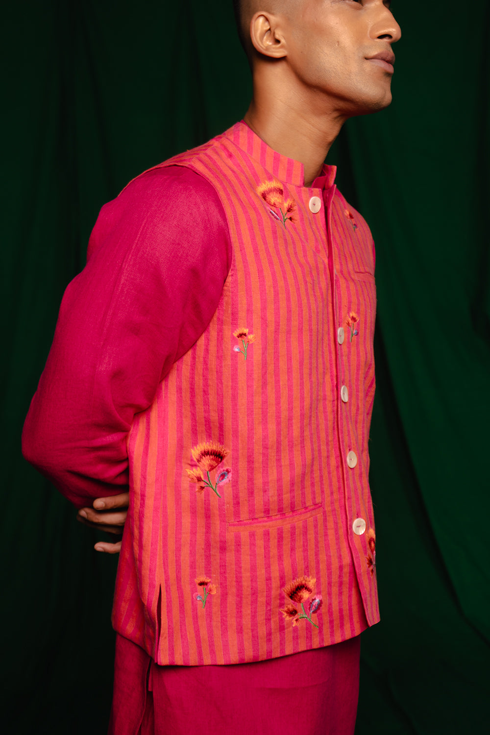 Coral Linen Nehru Jacket