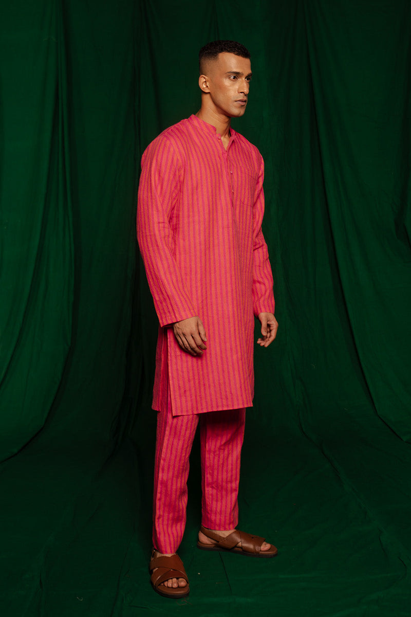 Coral Linen Kurta Set by Saphed Men for men Worldwide