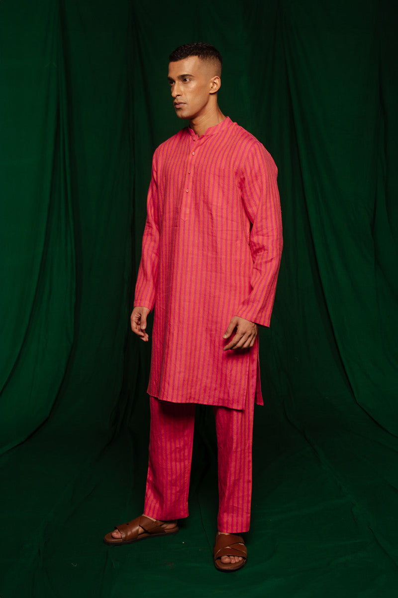 Coral Linen Kurta Set by Saphed Men for men Worldwide