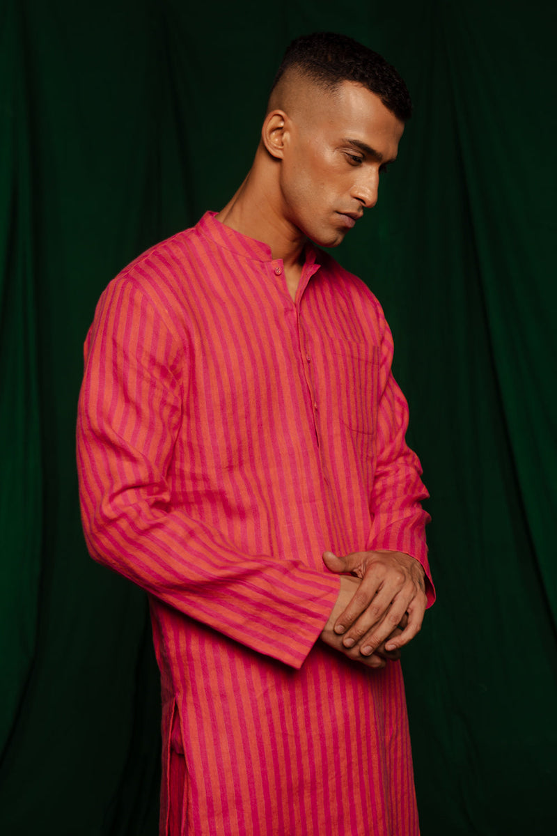 Coral Linen Kurta Set by Saphed Men for men Worldwide