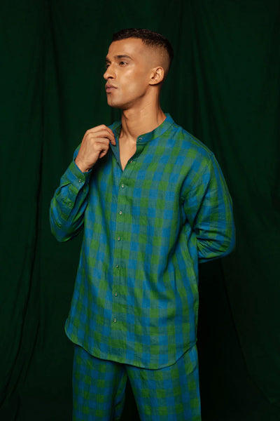 Forest Linen Band Collar Shirt