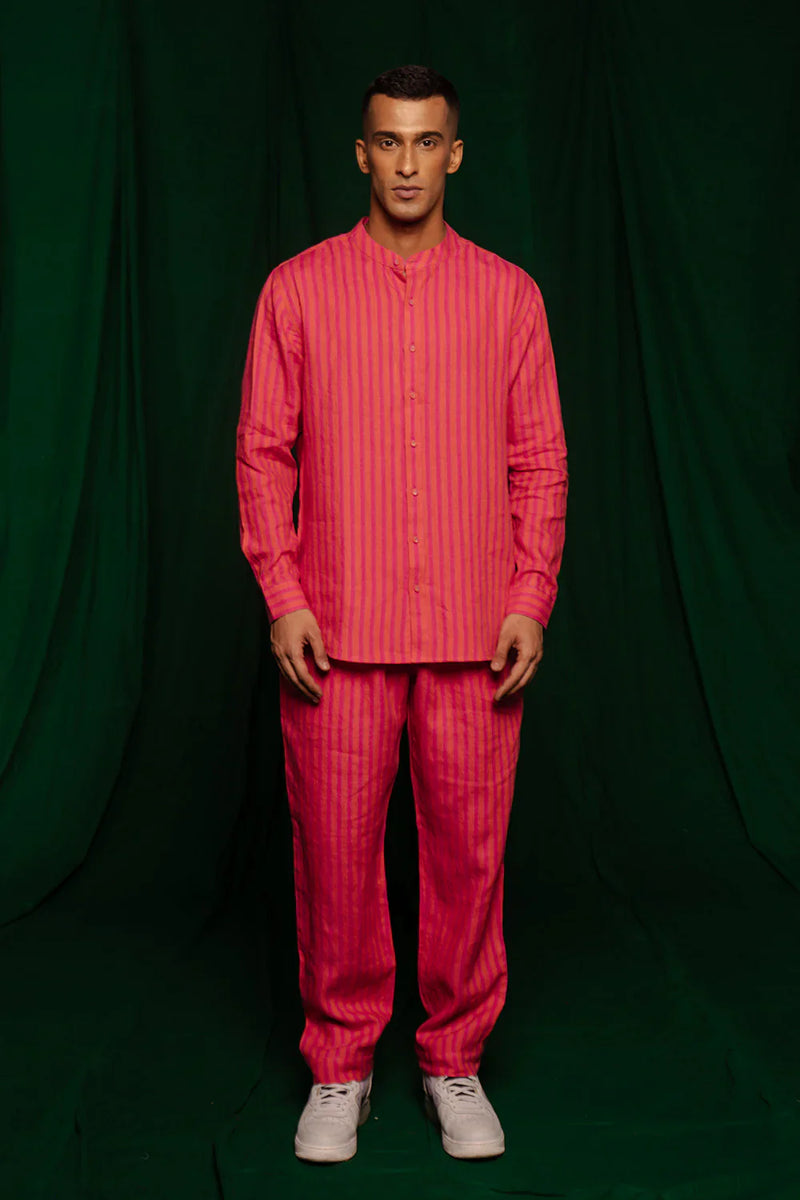 Coral Linen Band Collar Shirt by Saphed Men for men Worldwide