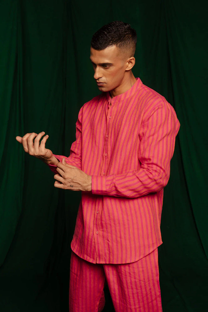 Coral Linen Band Collar Shirt by Saphed Men for men Worldwide