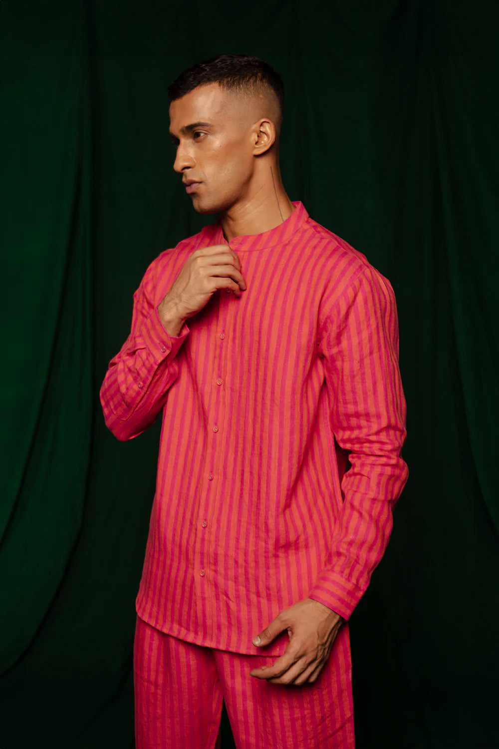 Coral Linen Band Collar Shirt