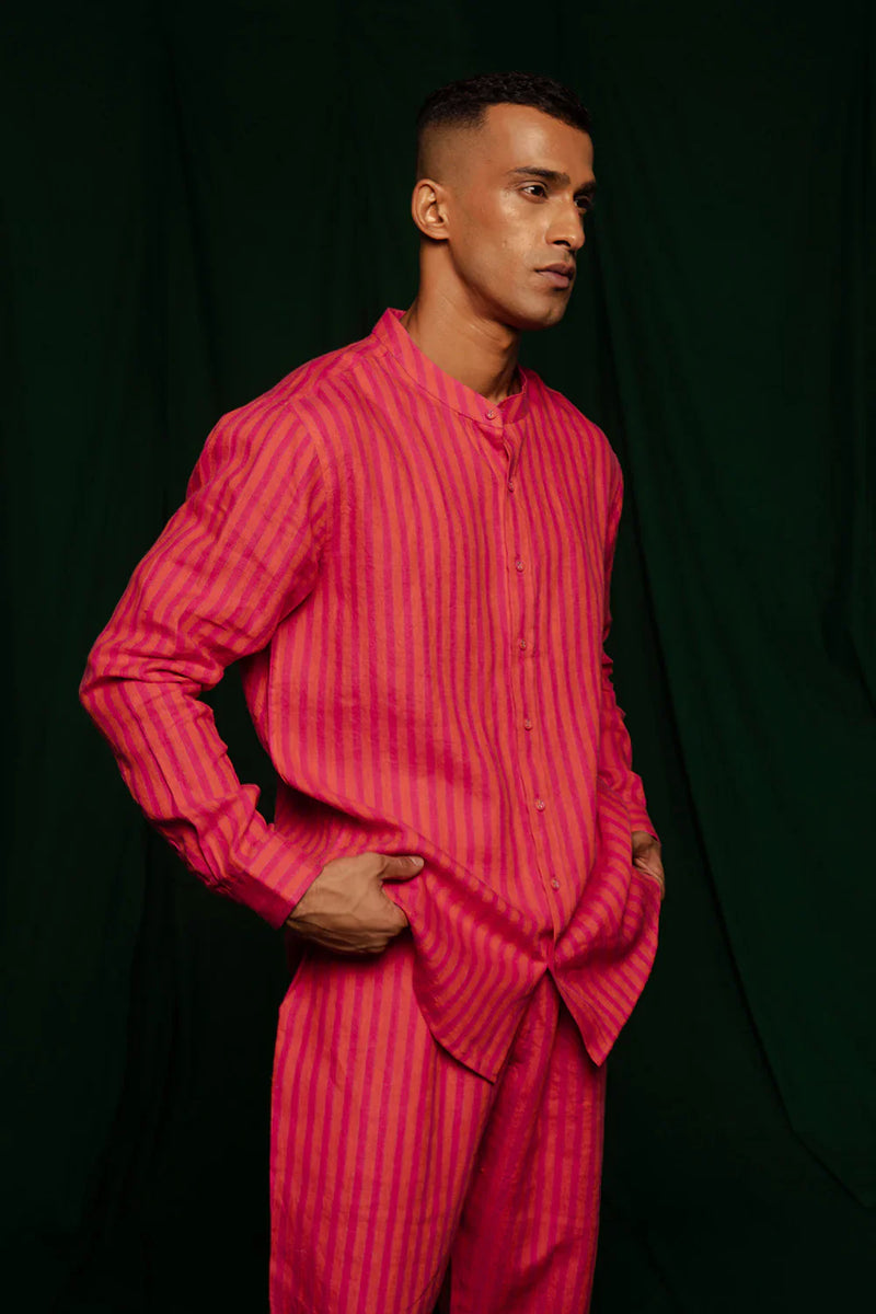 Coral Linen Band Collar Shirt by Saphed Men for men Worldwide