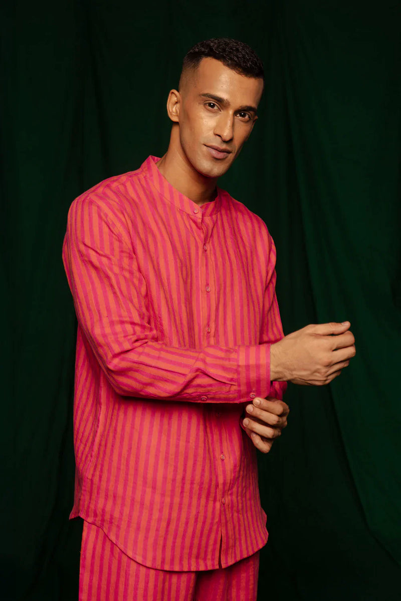Coral Linen Band Collar Shirt by Saphed Men for men Worldwide