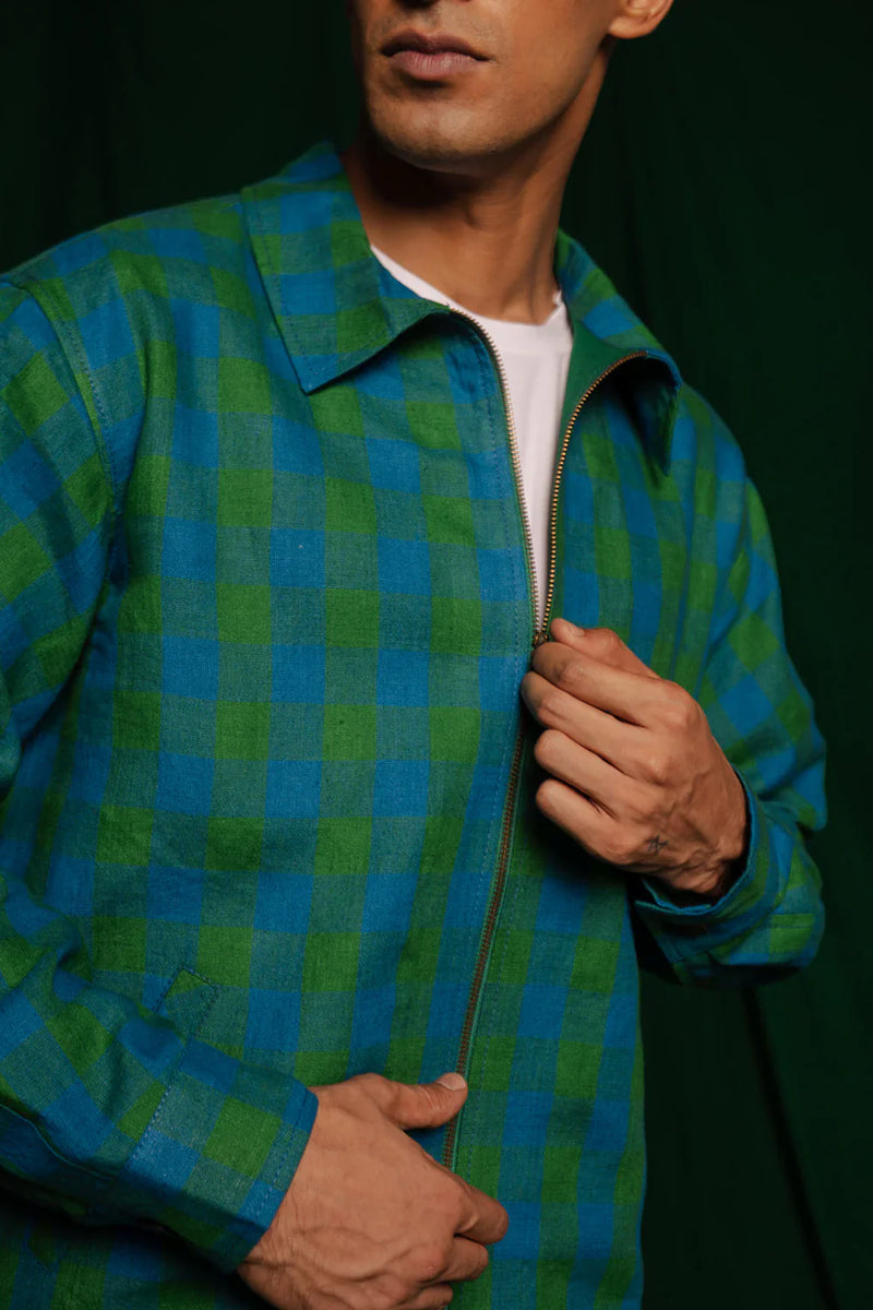 Forest Linen Bomber Jacket by Saphed Men in green color for men Worldwide