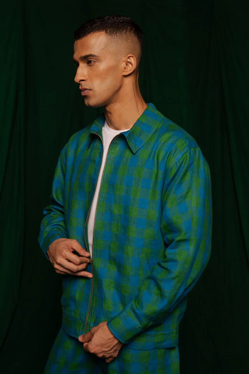 Forest Linen Bomber Jacket by Saphed Men in green color for men Worldwide