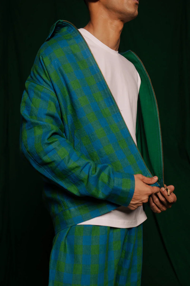 Forest Linen Bomber Jacket by Saphed Men in green color for men Worldwide