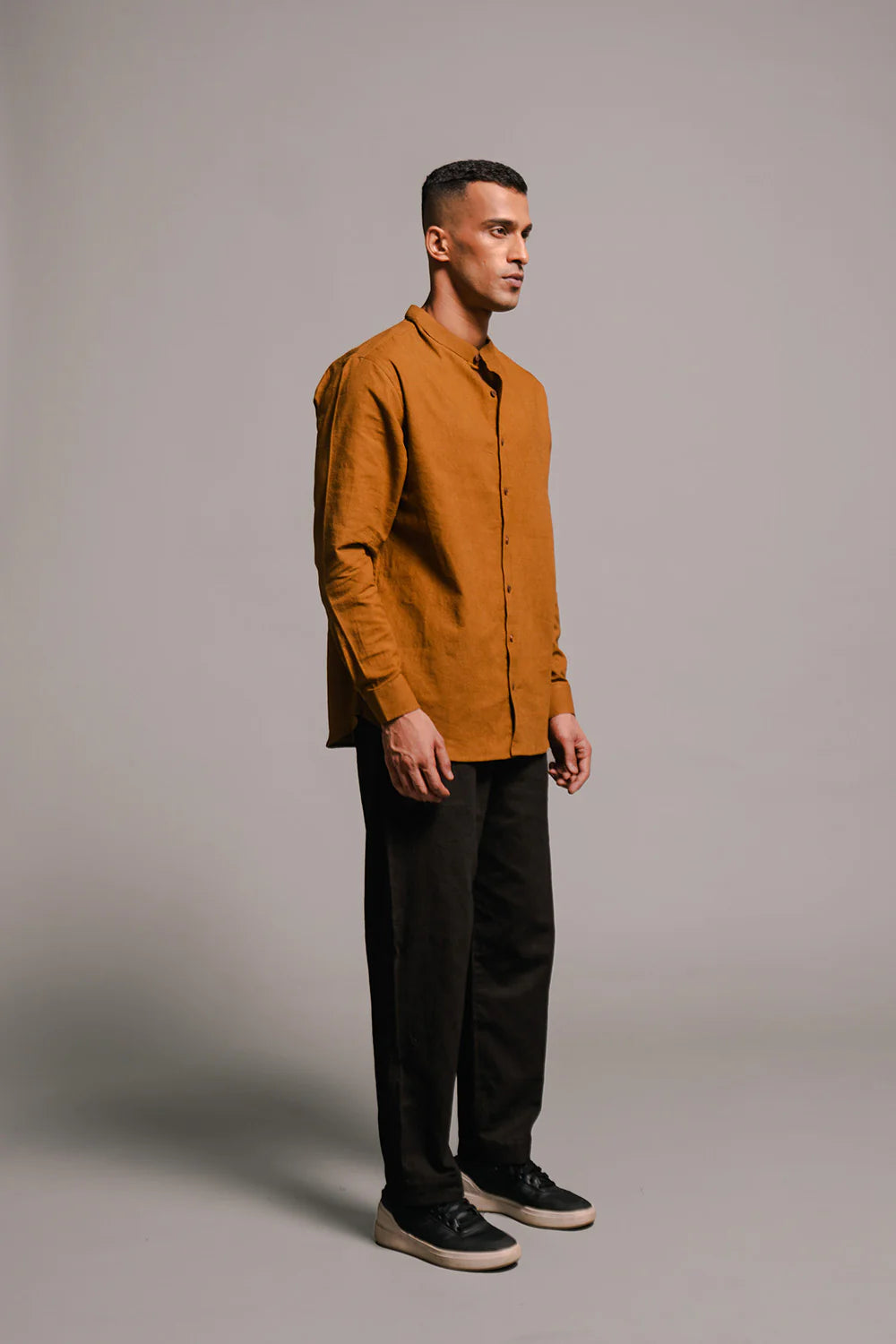 Olive Co-linen Band Collar Shirt