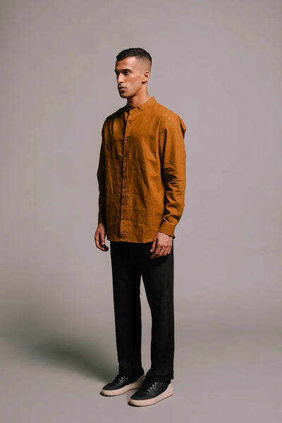 Olive Co-linen Band Collar Shirt