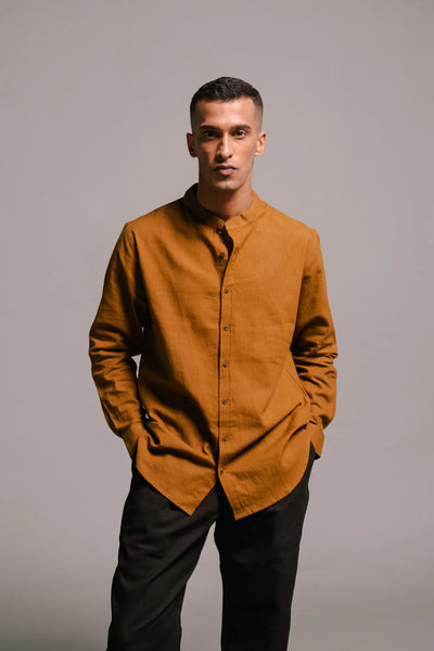 Olive Co-linen Band Collar Shirt