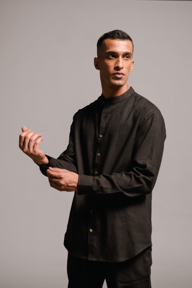 Carbon Co-linen Band Collar Shirt linen by Saphed Men for men Worldwide
