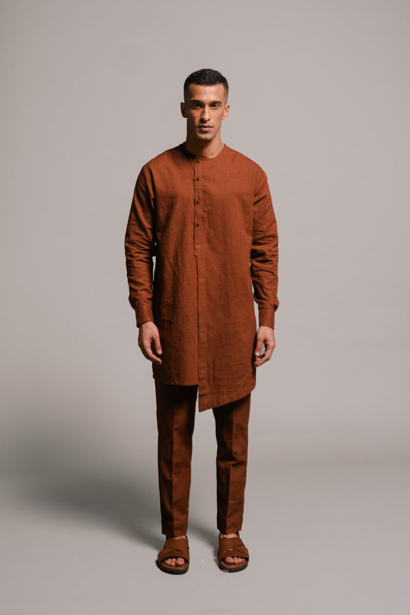 Mocha Co-Linen Side Open Kurta Set linen by Saphed Men for men Worldwide