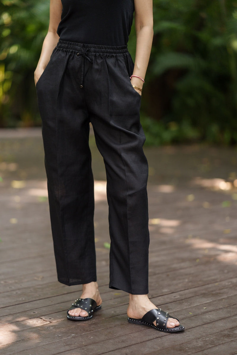 Shinrin Drawstring Pants linen by Zanzibar Living in black for women Worldwide